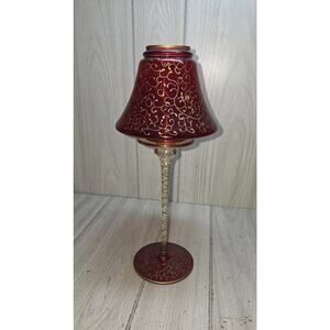 Vtg Ruby Red Gold Romanian Tall Tea Light Mouth Blown Hand Decorated Victorian